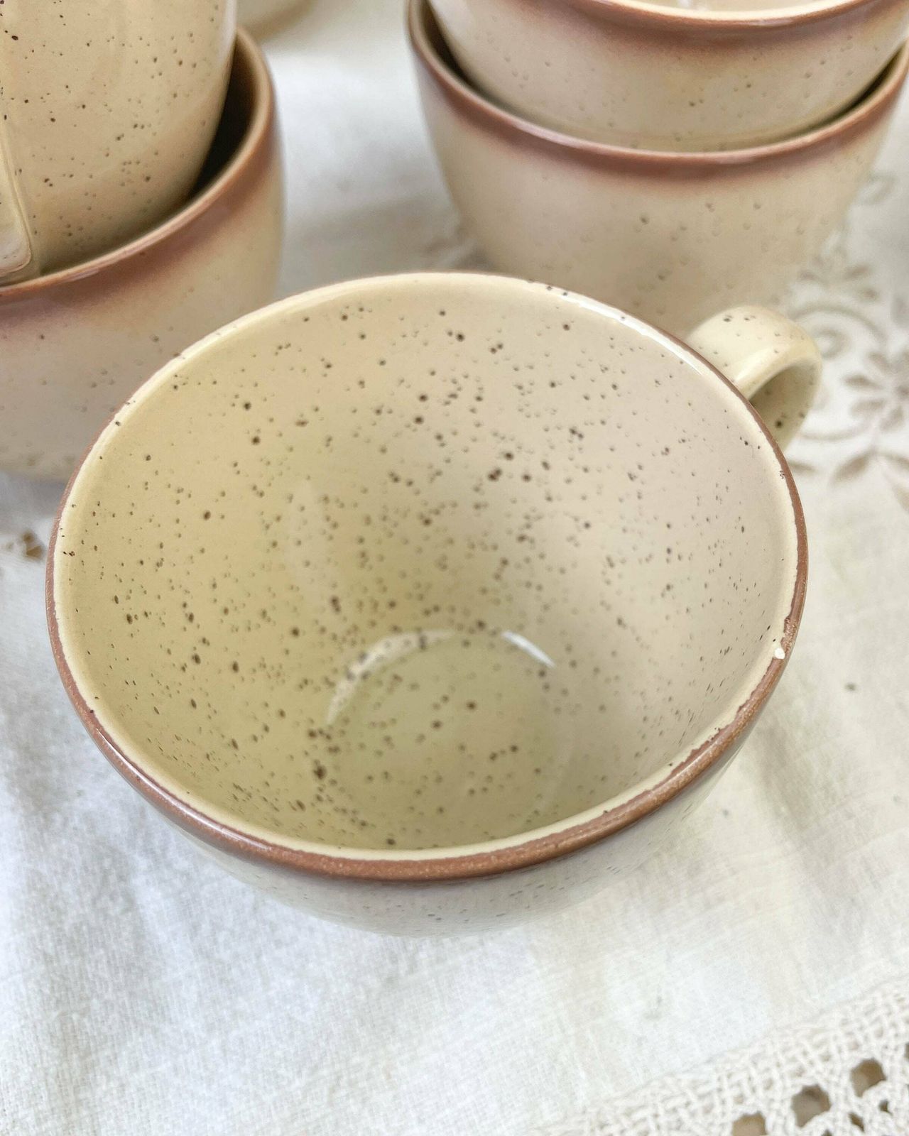 photo for sale Coffee Service In Speckled Sandstone Tulowice Style Mid Century Xxth   Beige Speckled Sandstone Cups   Vintage Tableware   Poland Tableware