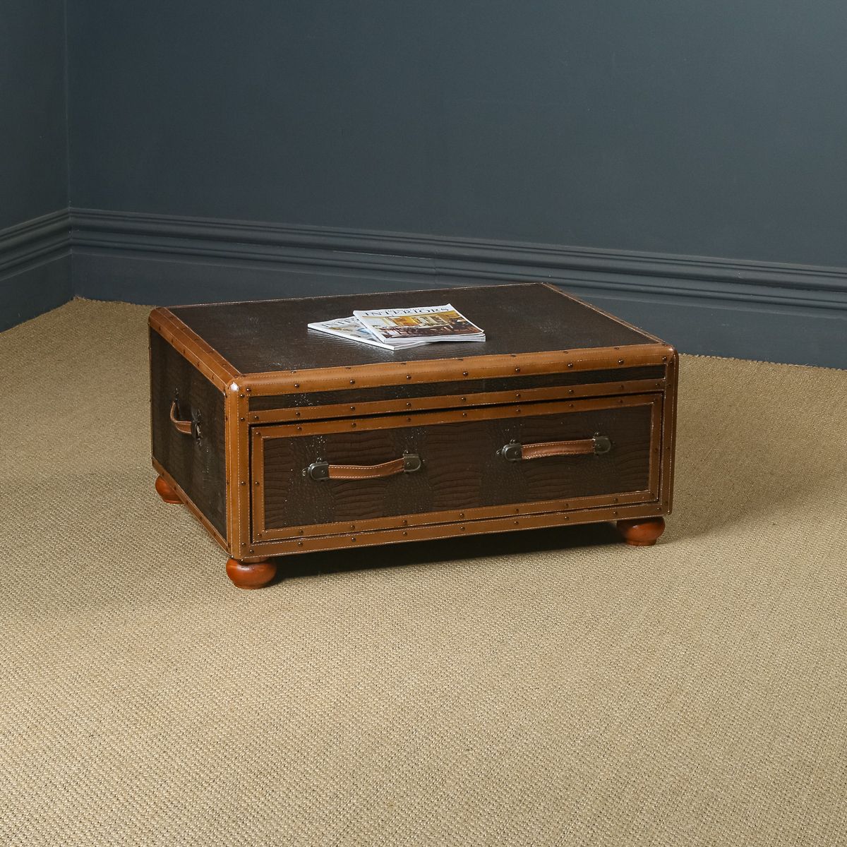 Vintage English Brown Leather Suitcase Shaped Coffee Table (Circa 1980)