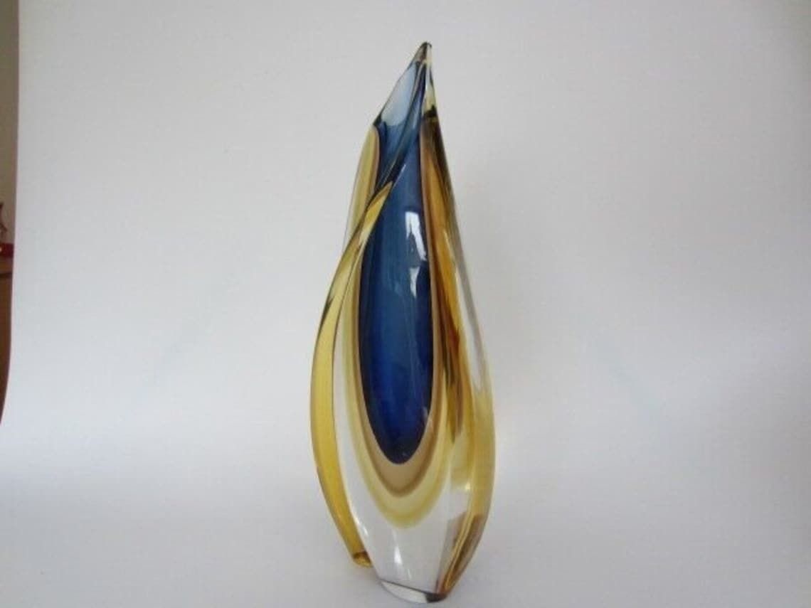 Murano Sommerso Italian Handmade Blue, Yellow, And Clear Crystal Xl Vase + Label photo furniture
