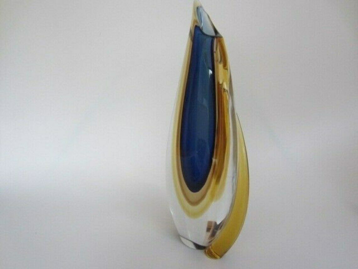 Murano Sommerso Italian Handmade Blue, Yellow, And Clear Crystal Xl Vase + Label photo Home Decor