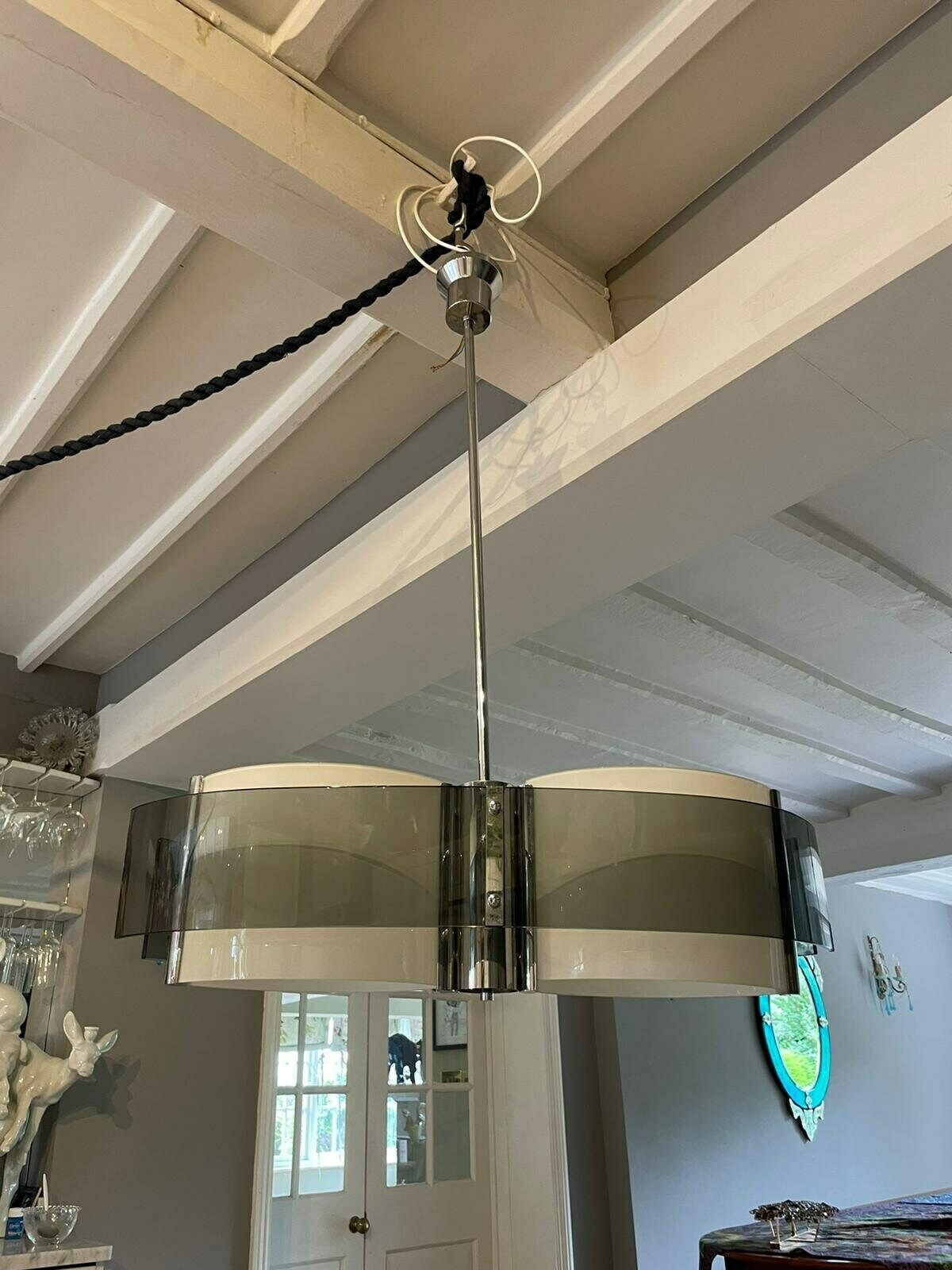 Vintage Mid Century Modern 1970s Glass And Chrome Italian Hanging Light photo Lighting
