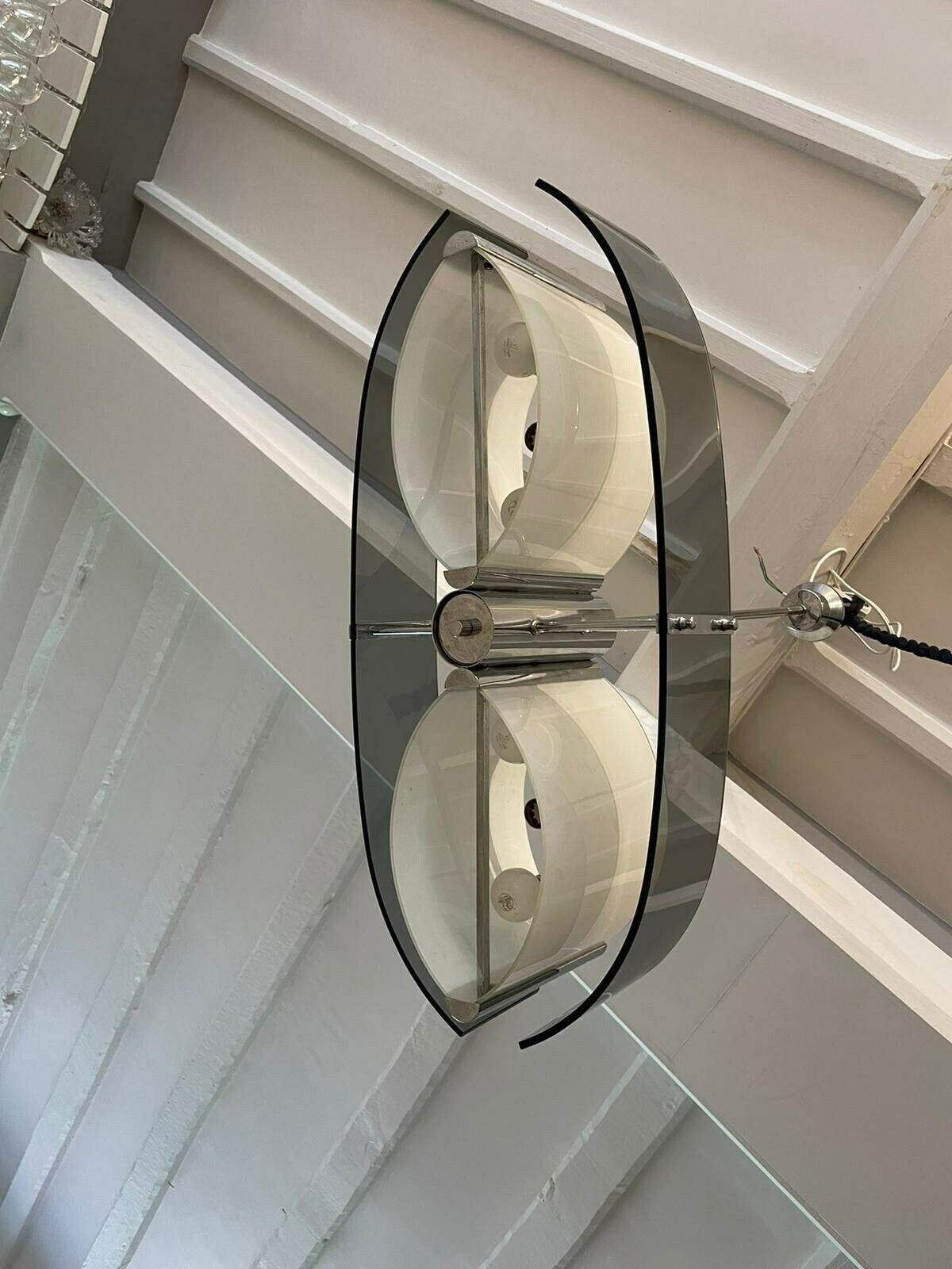 Vintage Mid Century Modern 1970s Glass And Chrome Italian Hanging Light photo 750.0