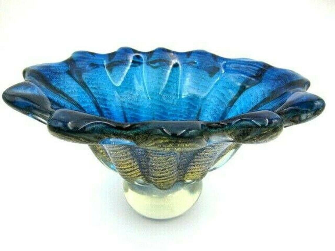 Xxl 4kg 50s Blue 24k Art Glass Fruit Bowl Barovier Toso Round Murano Cordonato Doro Rare
