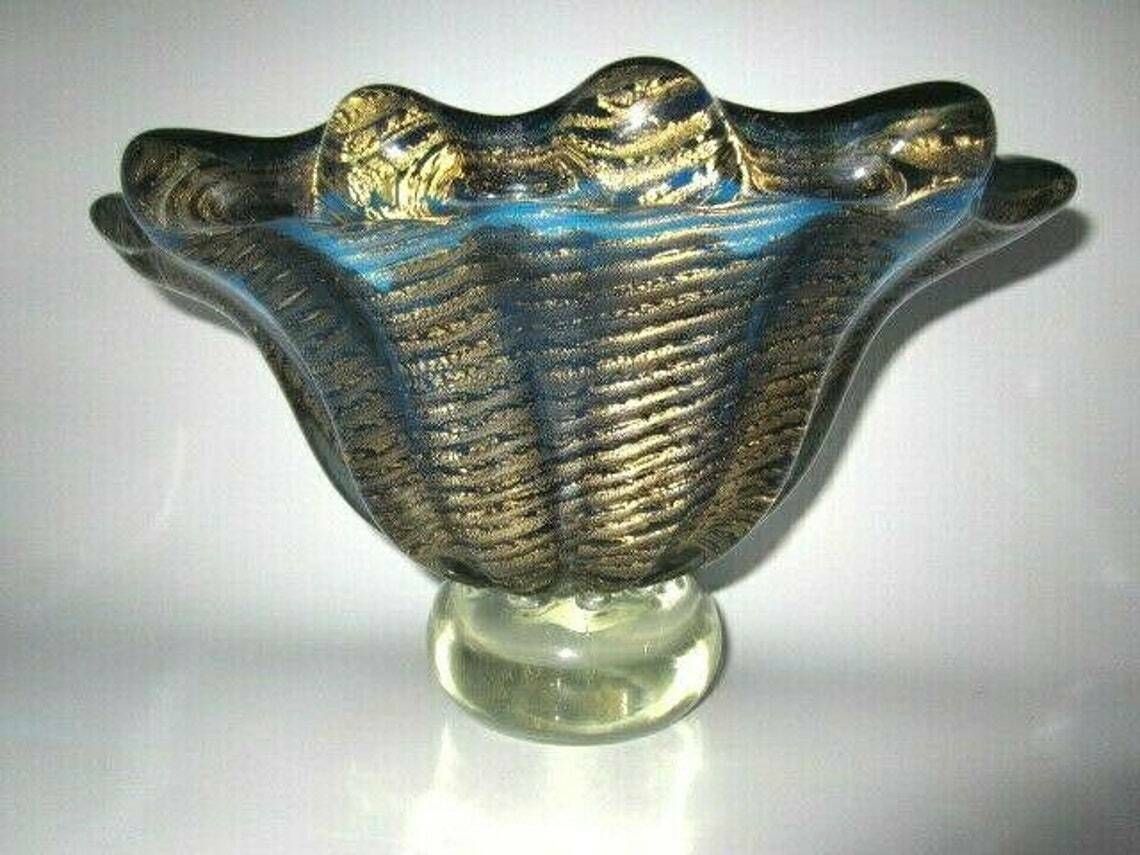 Xxl 4kg 50s Blue 24k Art Glass Fruit Bowl Barovier Toso Round Murano Cordonato Doro Rare photo furniture