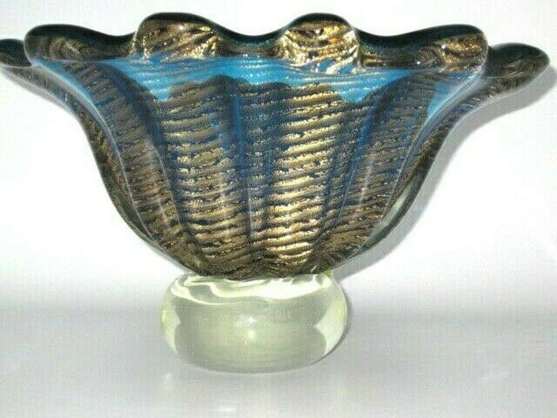 Xxl 4kg 50s Blue 24k Art Glass Fruit Bowl Barovier Toso Round Murano Cordonato Doro Rare photo for sale