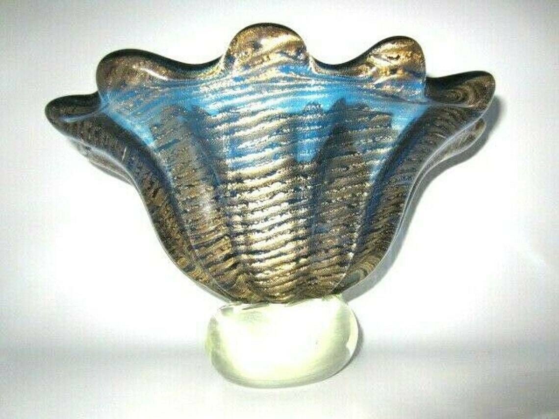 Xxl 4kg 50s Blue 24k Art Glass Fruit Bowl Barovier Toso Round Murano Cordonato Doro Rare photo buy