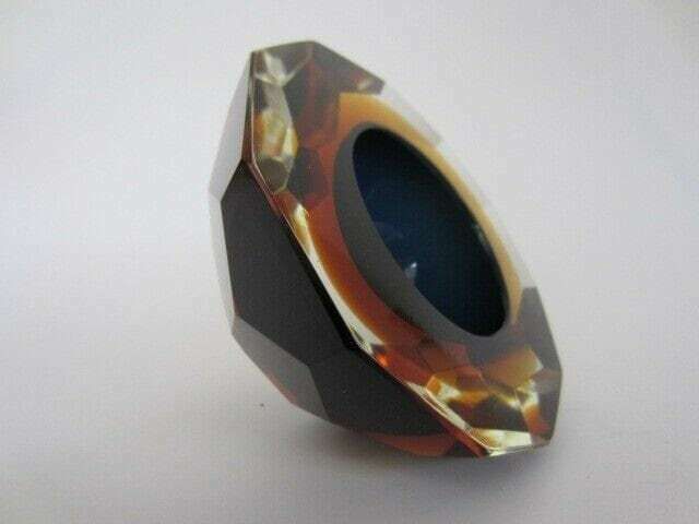 Murano Honeycomb Faceted Blue In Amber In Gold Space Age Diamond Cut Round Bowl photo 130.0
