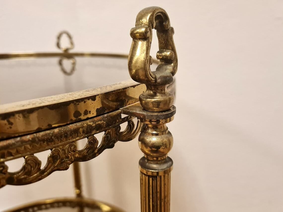 Vintage Mid Century Modern Brass Trolley Bar Table With Smoky Glass. Hollywood Regency Wheels Bar Cart photo for sale