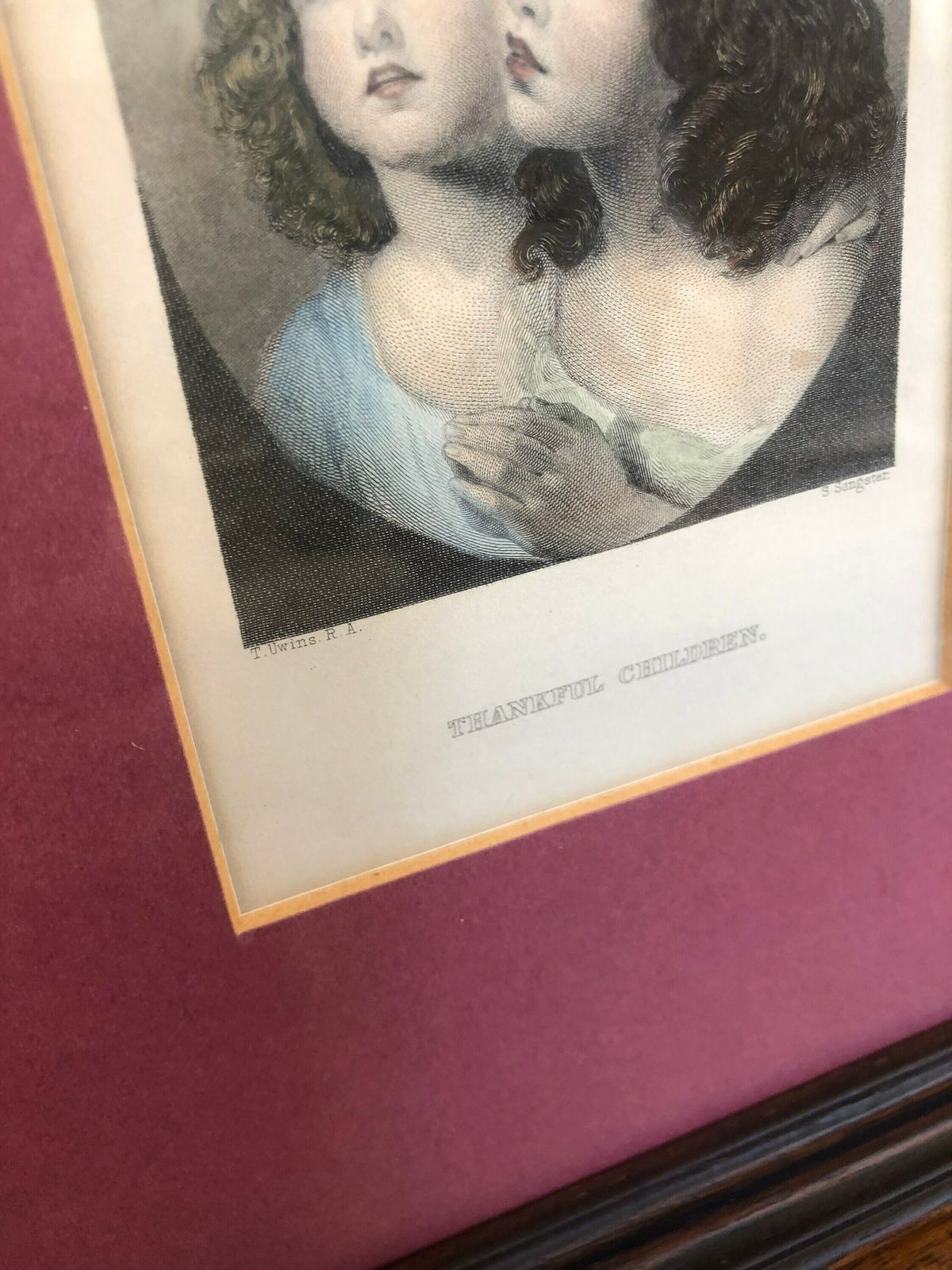 Thankful Children T Uwins Sangster Hand Coloured Antique Engraving Sisters In Dark Pink Mount T1 photo 80.0