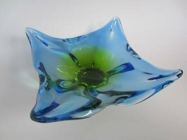 Vintage Chribska Sommerso Art Glass Bowl Blue And Acid Green 70s photo furniture