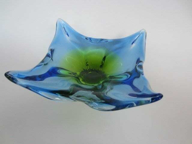 Vintage Chribska Sommerso Art Glass Bowl Blue And Acid Green 70s photo for sale