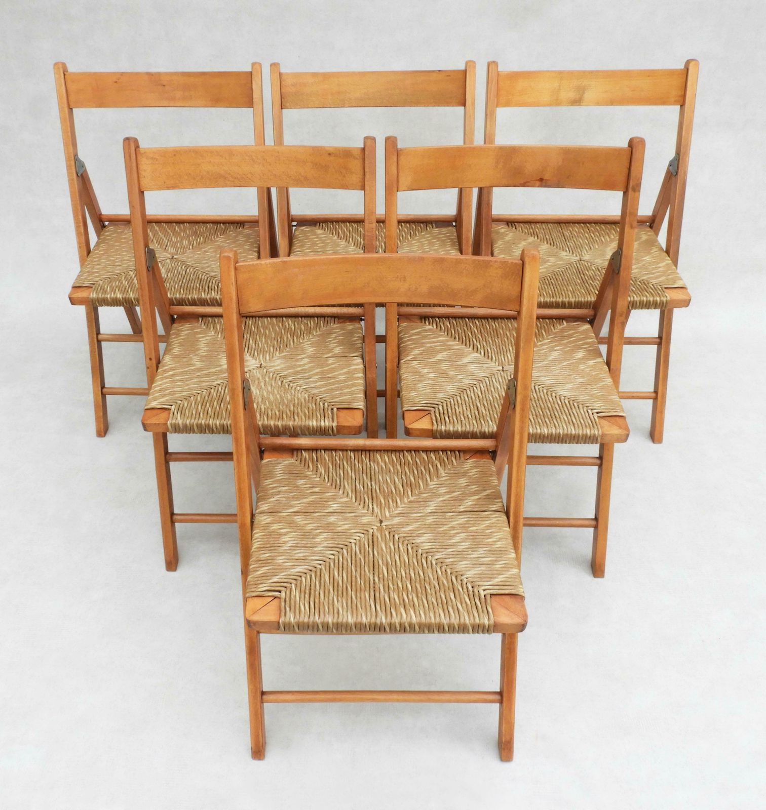 Vintage Beech Folding Chairs With Woven Paper Cord Seats C1970s France, Set Of 6 photo Furniture