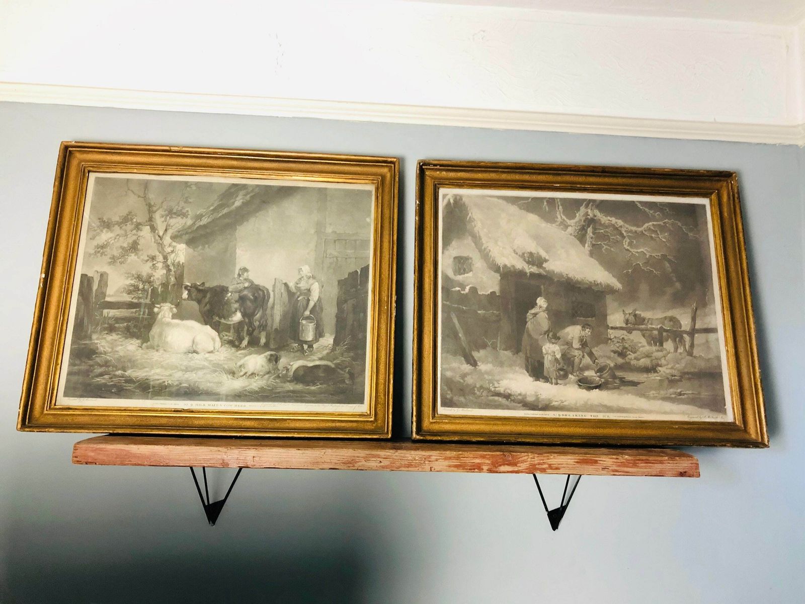Huge Amazing Rare Pair Of George Morland John Raphael Smith Mezzotint Engravings Georgian Milk Maid Cow Breaking Ice (Hh)