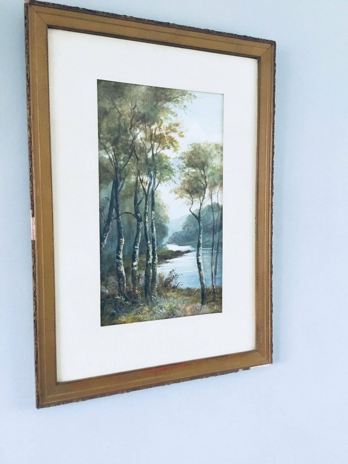 Antique J Douglas Watercolour Countryside River Scene Framed In Gold Frame