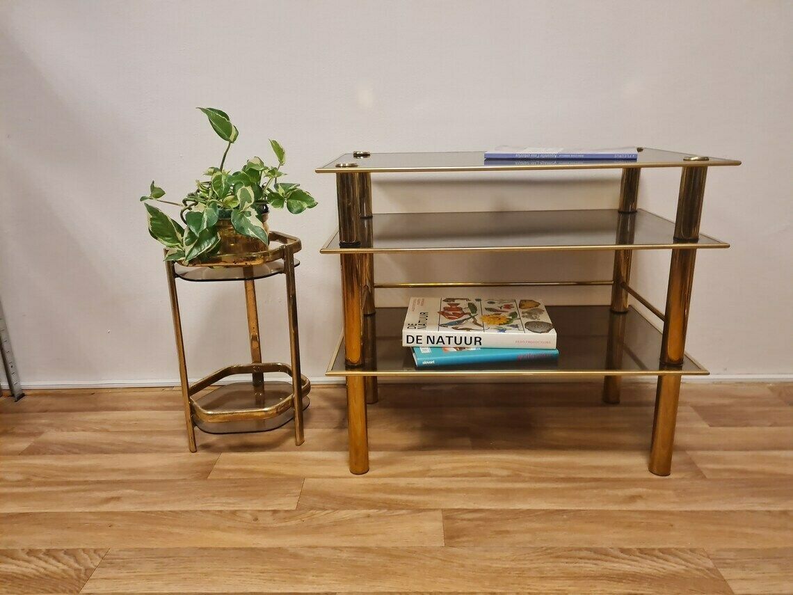 Vintage Hollywood Regency Gold Brass Mcm Table Or Tv Stand With Tempered Glass 80s photo furniture