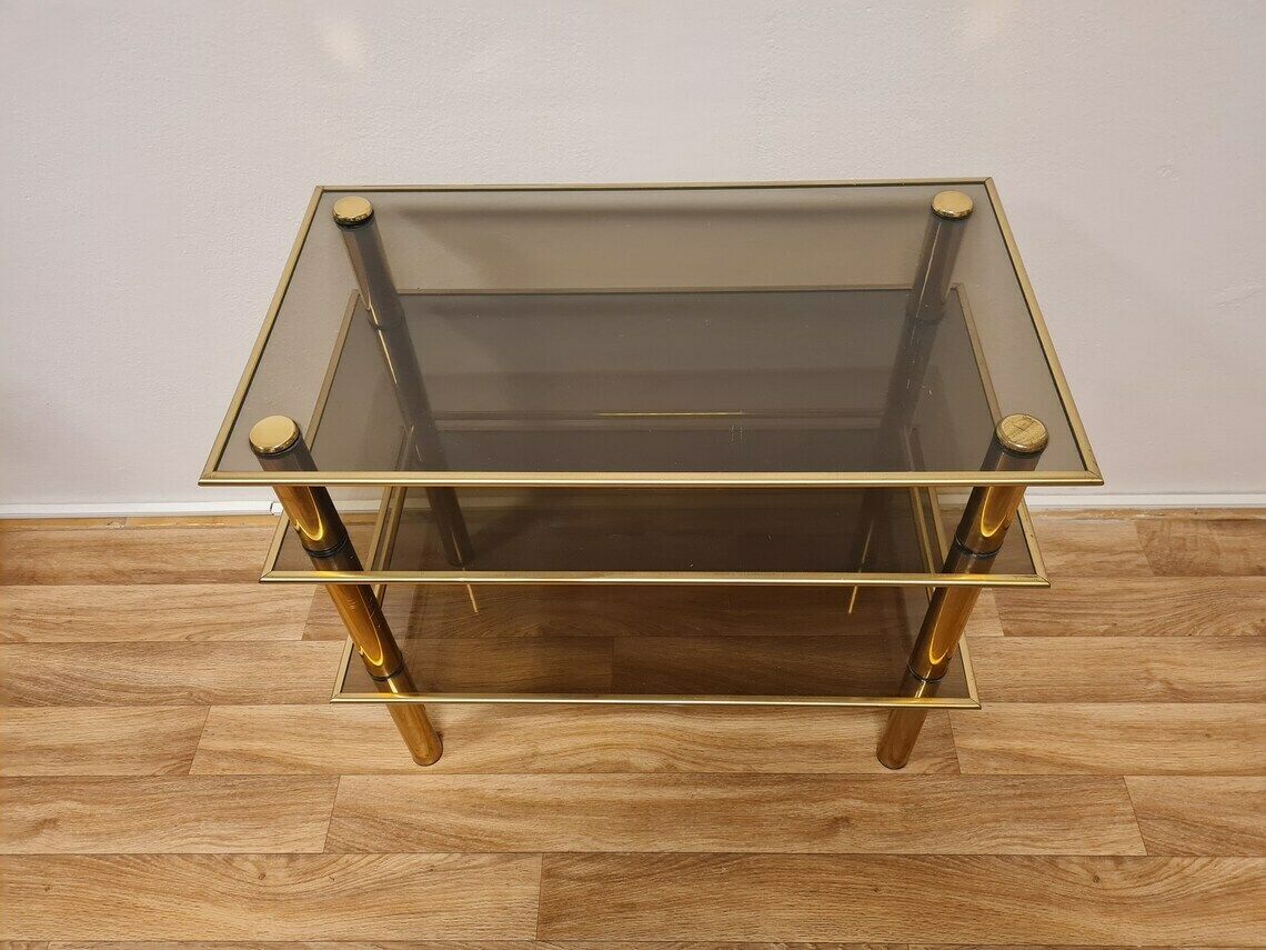 Vintage Hollywood Regency Gold Brass Mcm Table Or Tv Stand With Tempered Glass 80s photo for sale