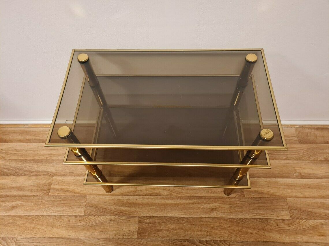 Vintage Hollywood Regency Gold Brass Mcm Table Or Tv Stand With Tempered Glass 80s photo buy