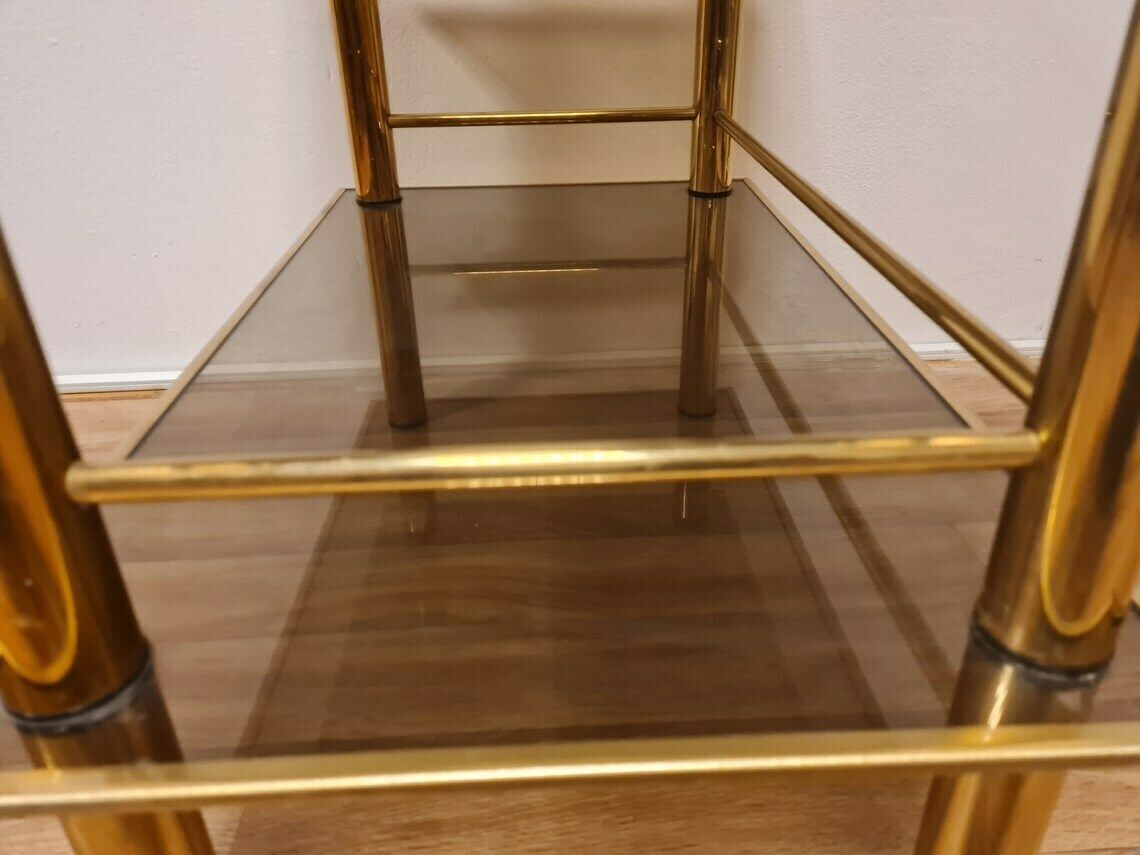 photo furniture Vintage Hollywood Regency Gold Brass Mcm Table Or Tv Stand With Tempered Glass 80s
