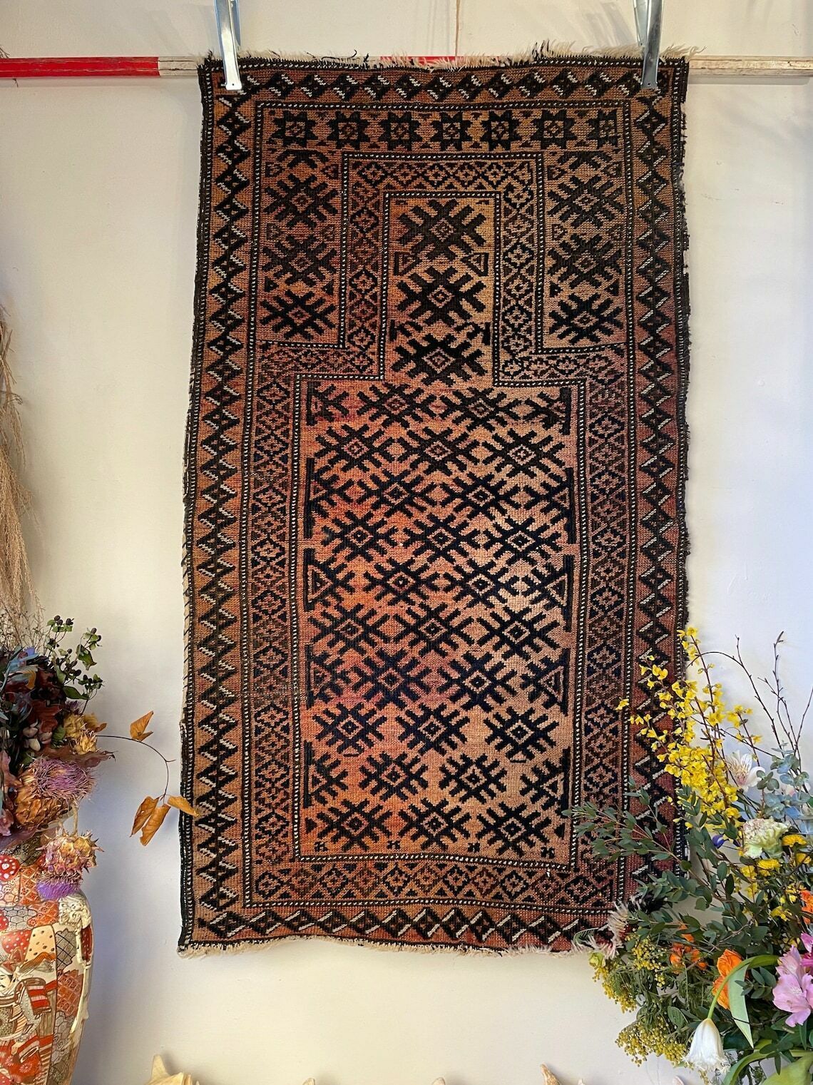 Medium Antique Afghan Rug 100% Wool Dating photo furniture
