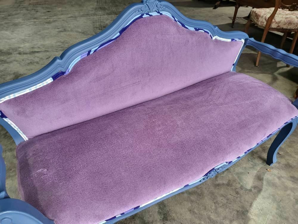 Small French Bed End Hall Bathroom Sofa Painted Blue Cabriole Legs Sprung photo for sale