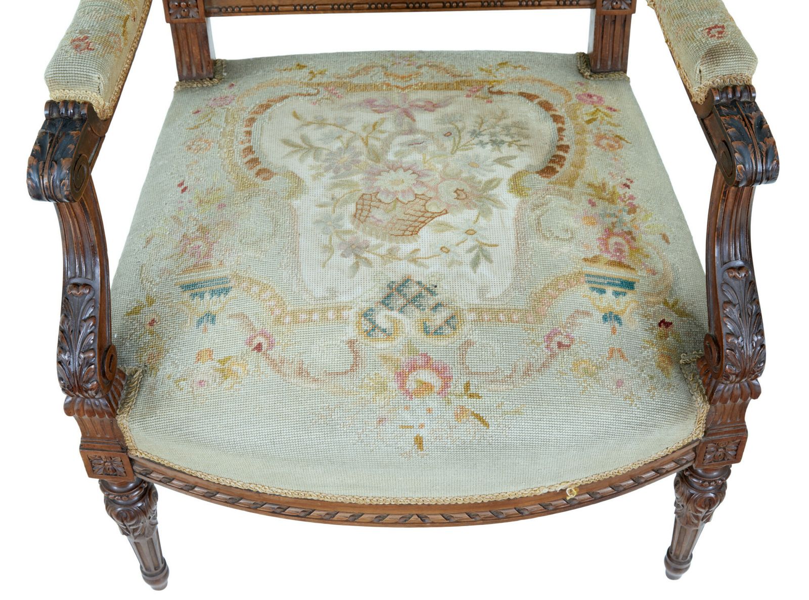 19th Century French Carved Walnut Tapestry Armchairs photo for sale