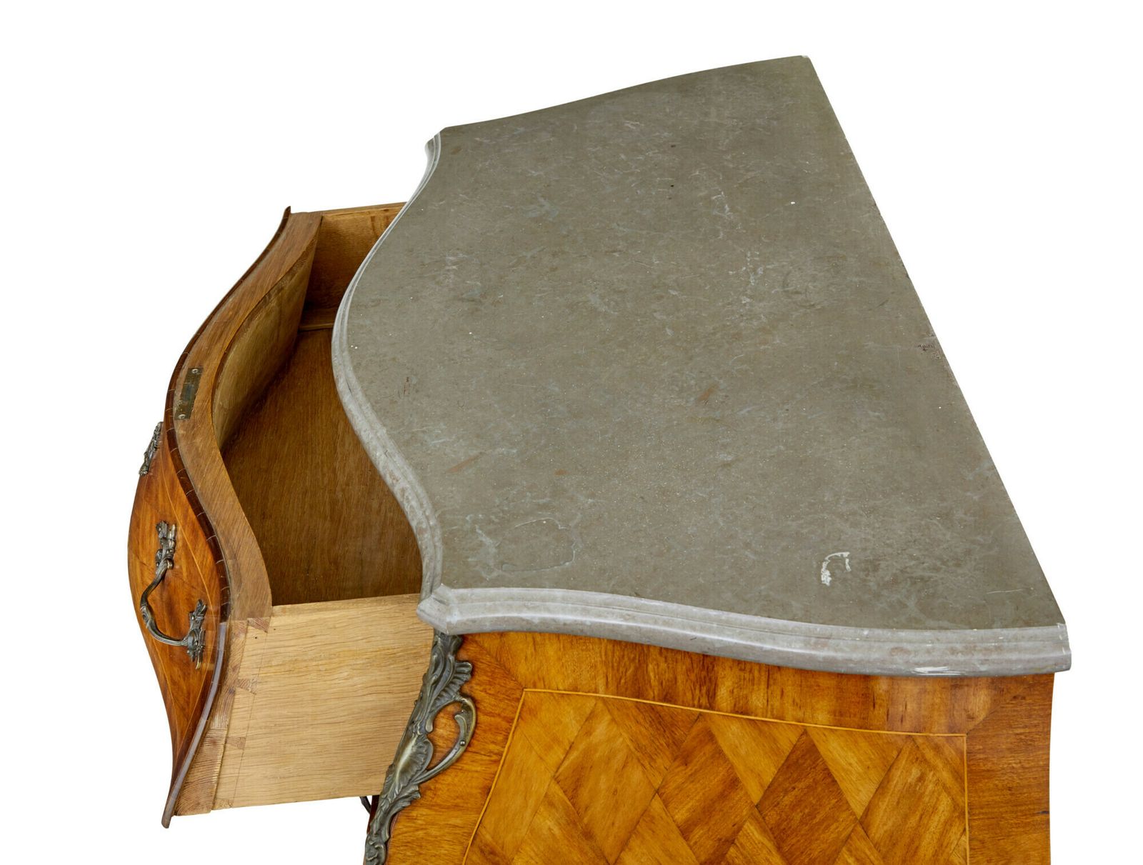 Mid Century French Walnut Marble Top Commode photo for sale