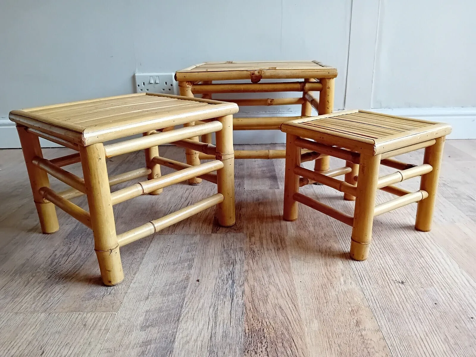 Original 1970's Mid Century Far Eastern Bamboo Boho Tiki Nest Of Tables