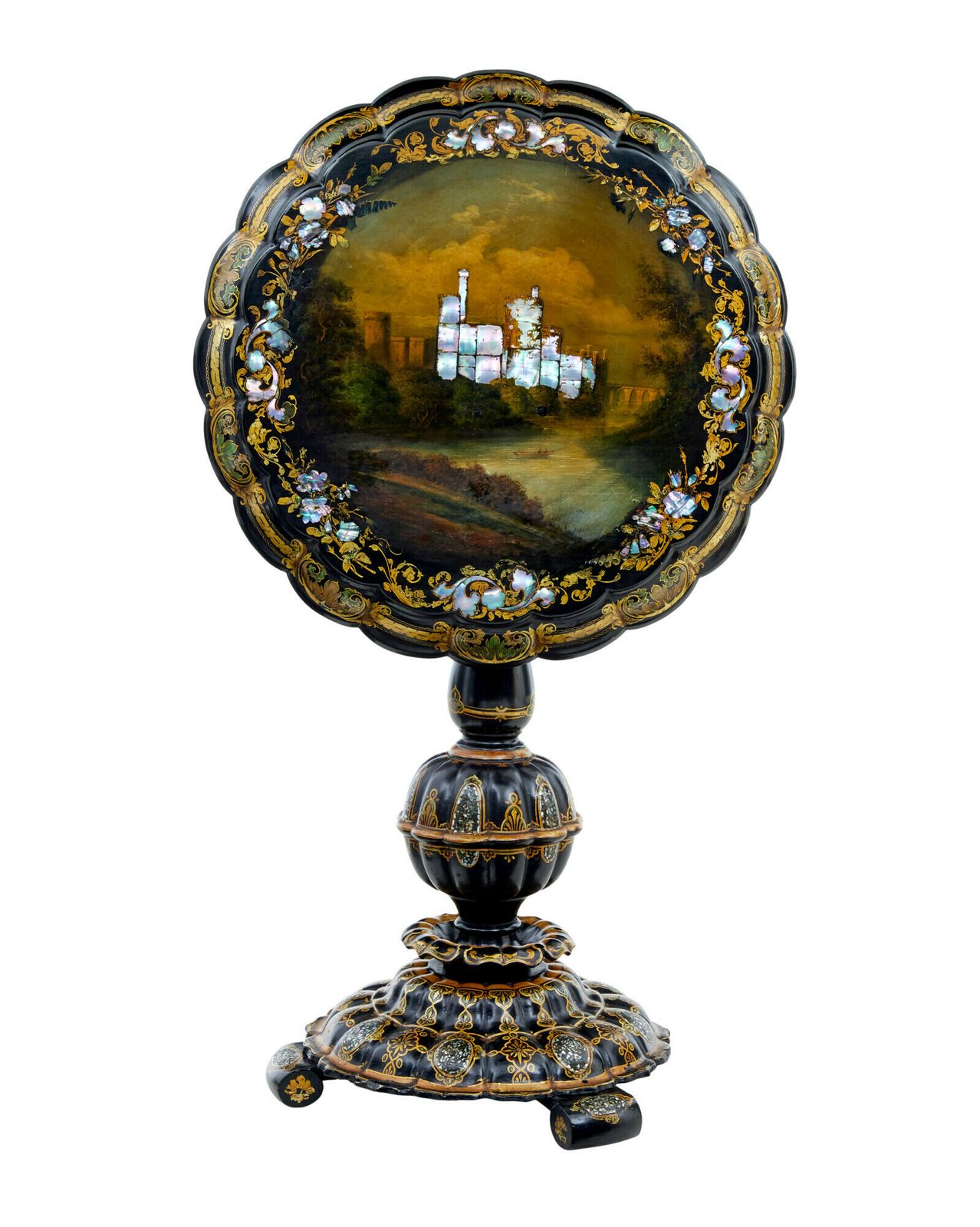 19th Century Papier Mache And Painted Mother Of Pearl Inlaid Tilt Top Table