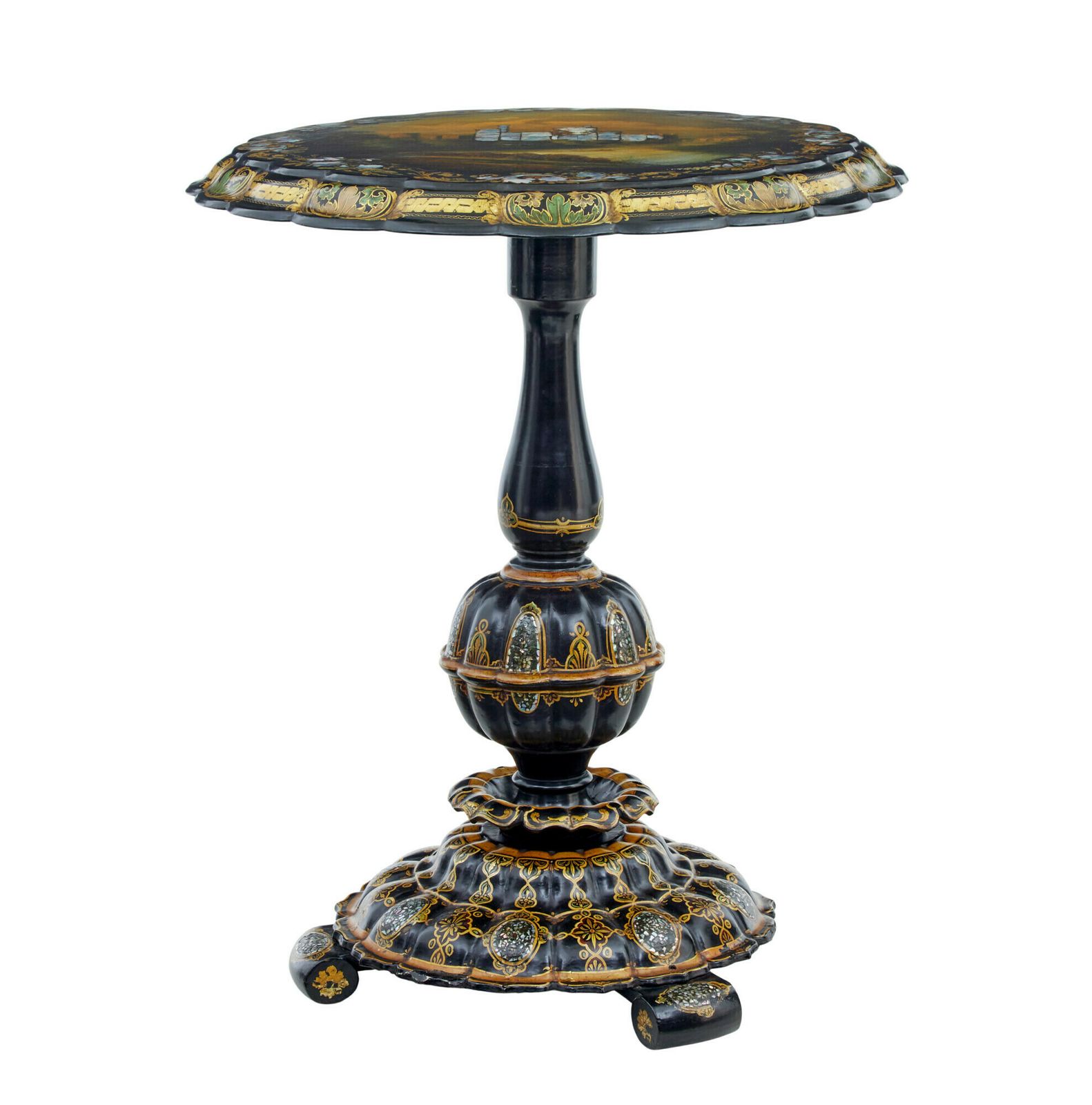 19th Century Papier Mache And Painted Mother Of Pearl Inlaid Tilt Top Table photo furniture