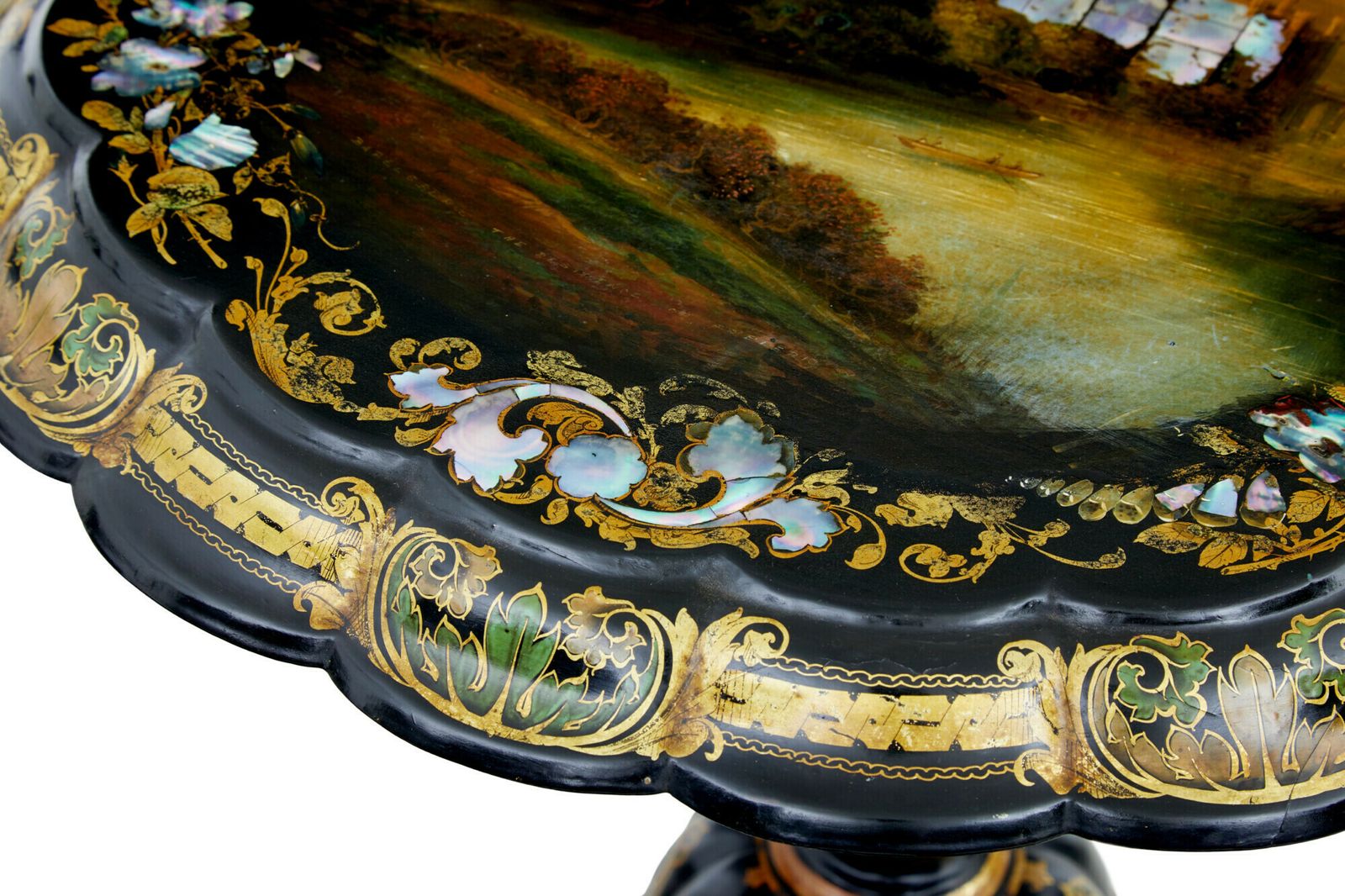 19th Century Papier Mache And Painted Mother Of Pearl Inlaid Tilt Top Table photo vintage