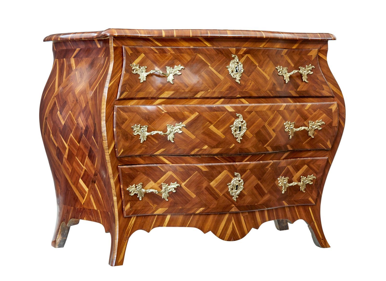 Early 18th Century Rococo Inlaid Plum Bombe Chest Of Drawers