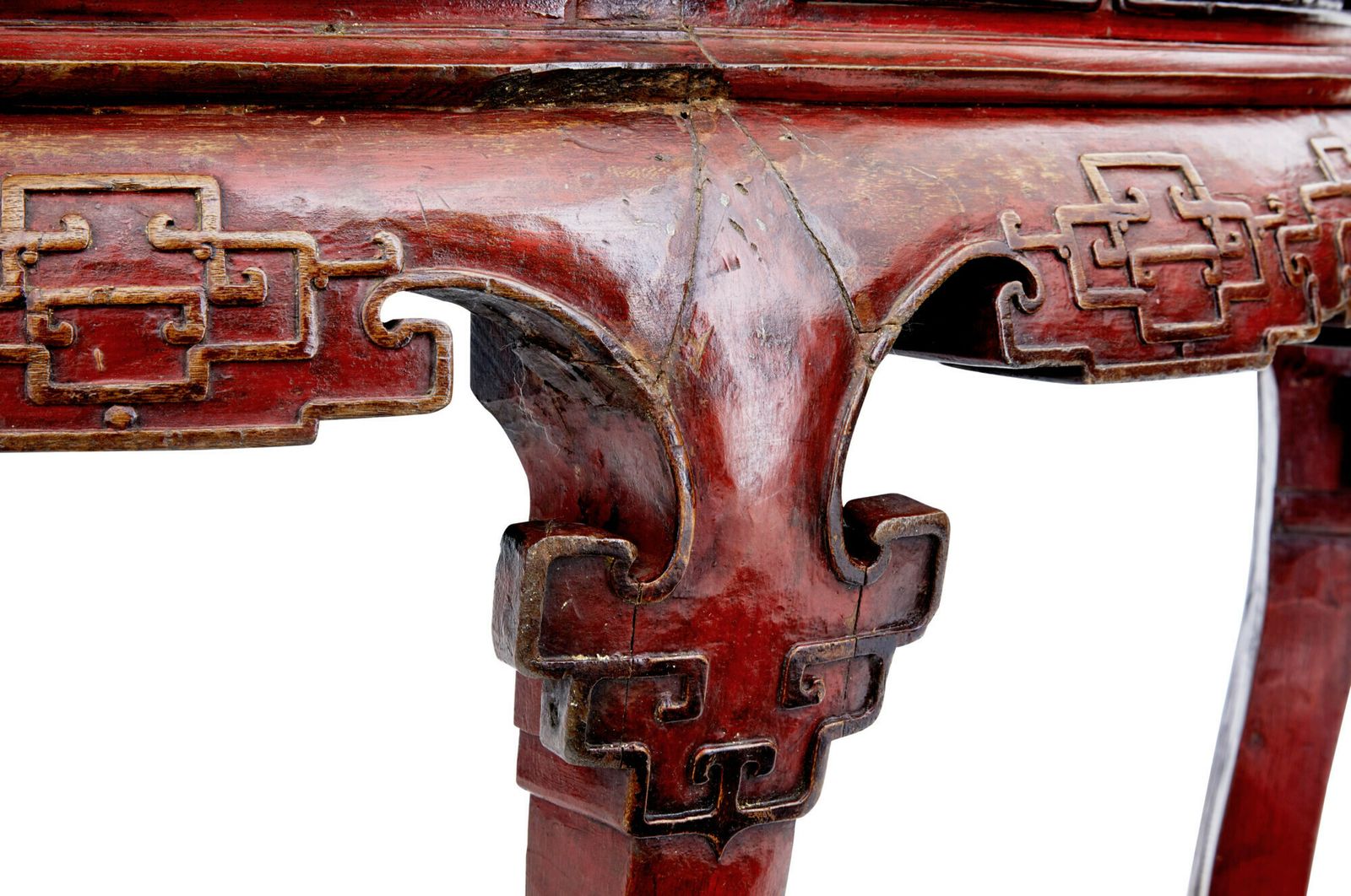 Pair Of 19th Century Red Lacquer Chinese Demi Lune Tables photo for sale