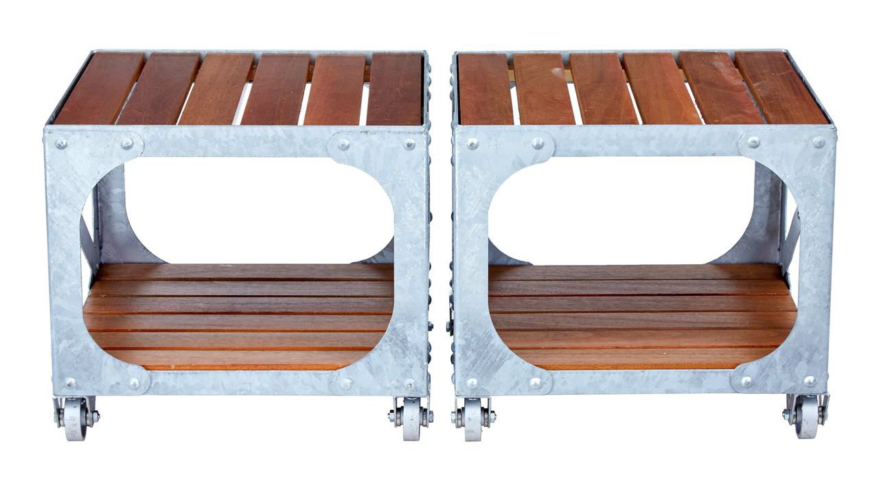 Pair Of Galvanised Steel And Teak Industrial Side Tables photo 1815.0
