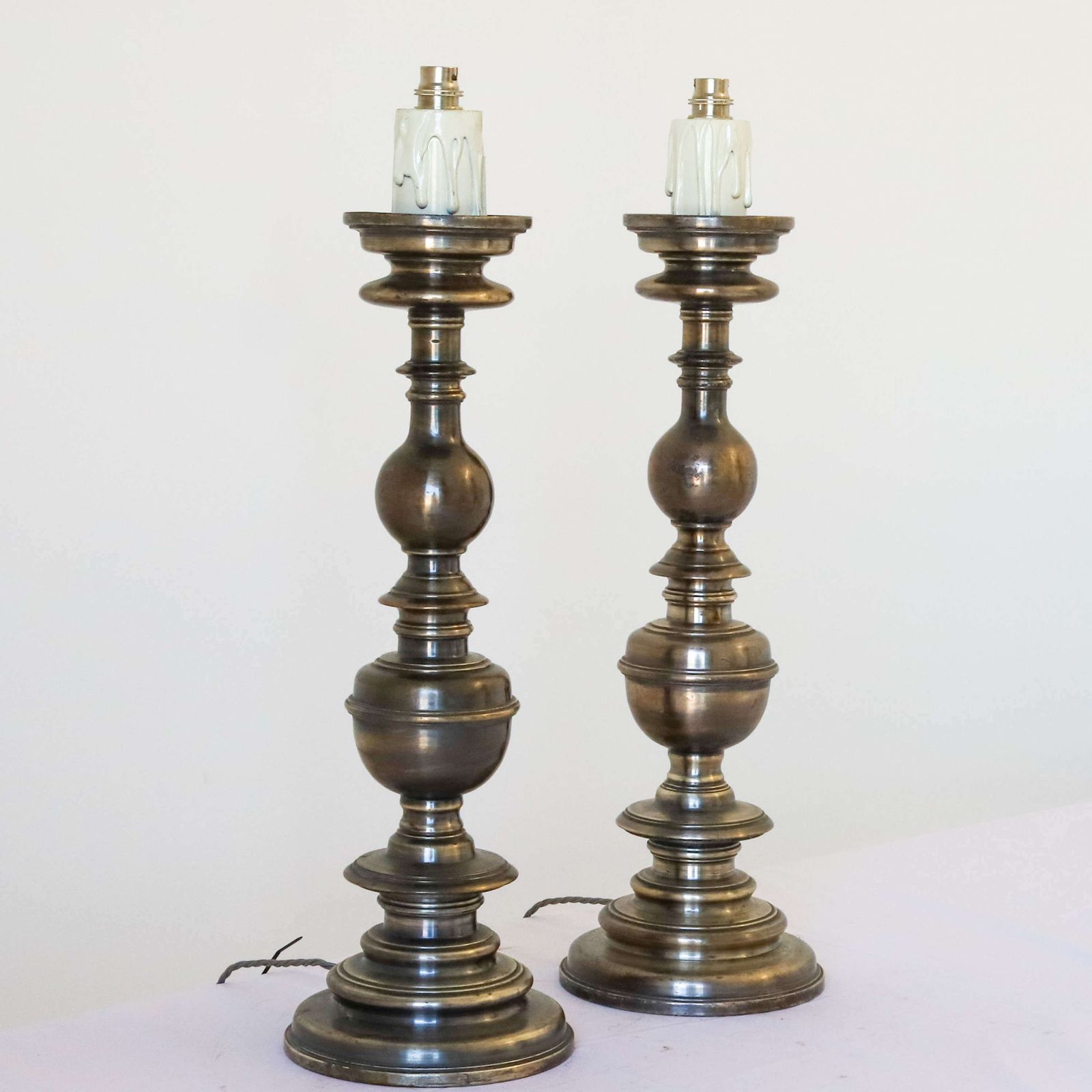 Pair Of Silvered Brass Candlesticks Later Converted To Lamps photo buy