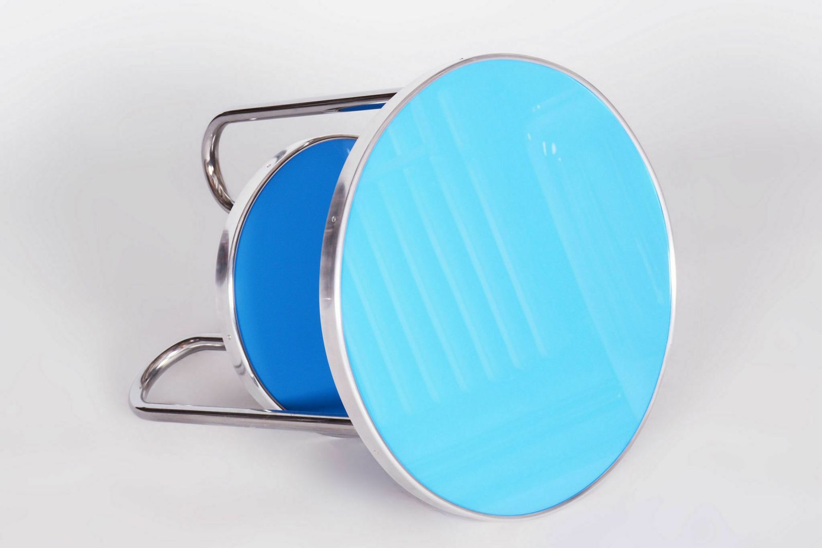 Restored Bauhaus Small Blue Table, Kovona, Chrome Plated Steel, Spruce Wood Glass, Czechia, 1930s photo for sale