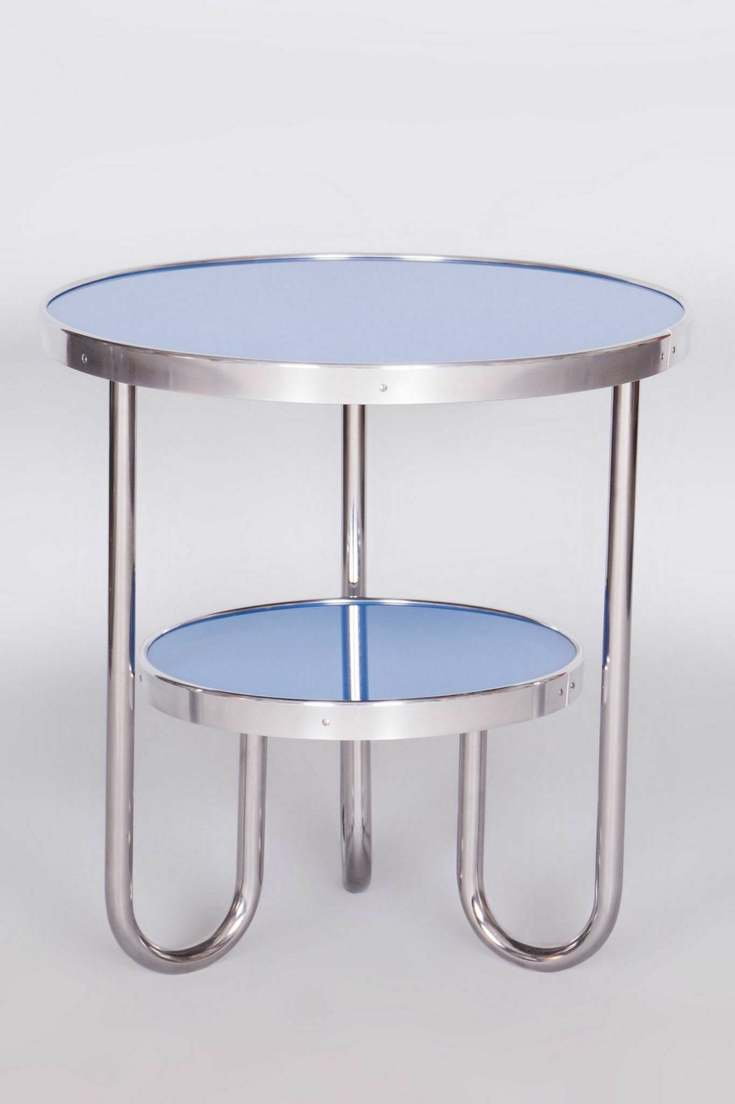 Restored Bauhaus Small Blue Table, Kovona, Chrome Plated Steel, Spruce Wood Glass, Czechia, 1930s photo 900.0