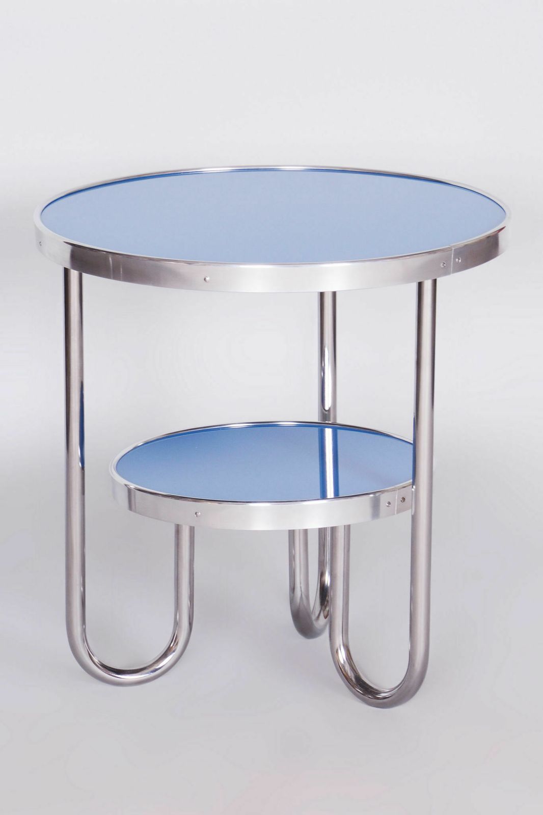Restored Bauhaus Small Blue Table, Kovona, Chrome Plated Steel, Spruce Wood Glass, Czechia, 1930s