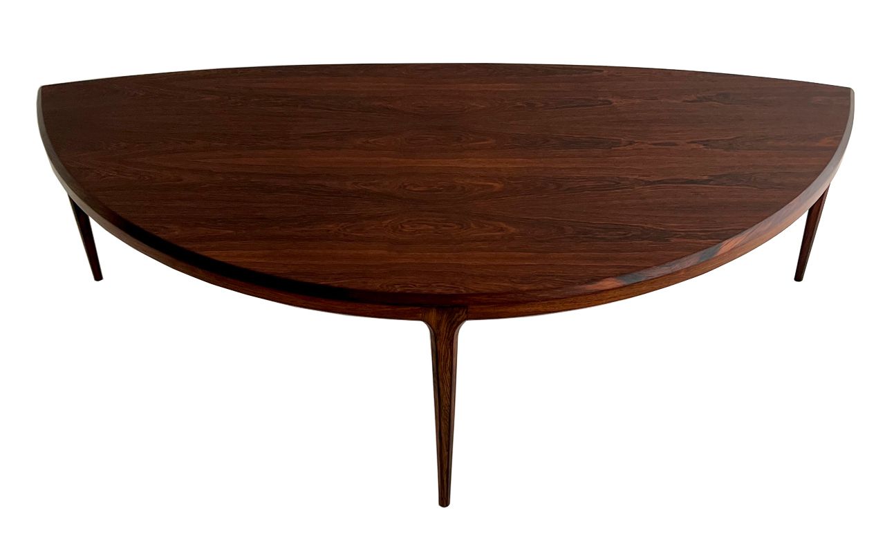 Danish 1950s Large Johannes Andersen Rosewood Demilune 3 Legged Coffee Table