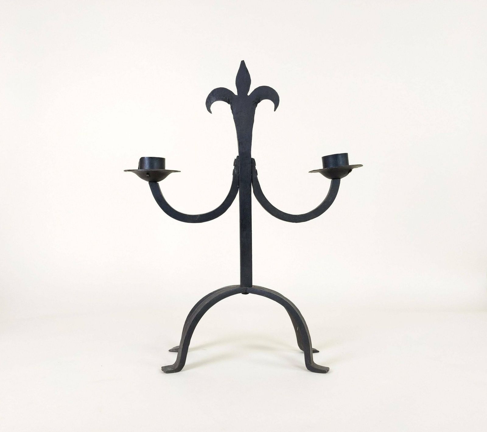 Large French Wrought Iron Hand Forged Iron Candle Holder Chandelier, Large Rustic Fleur De Lys Candlestick From France