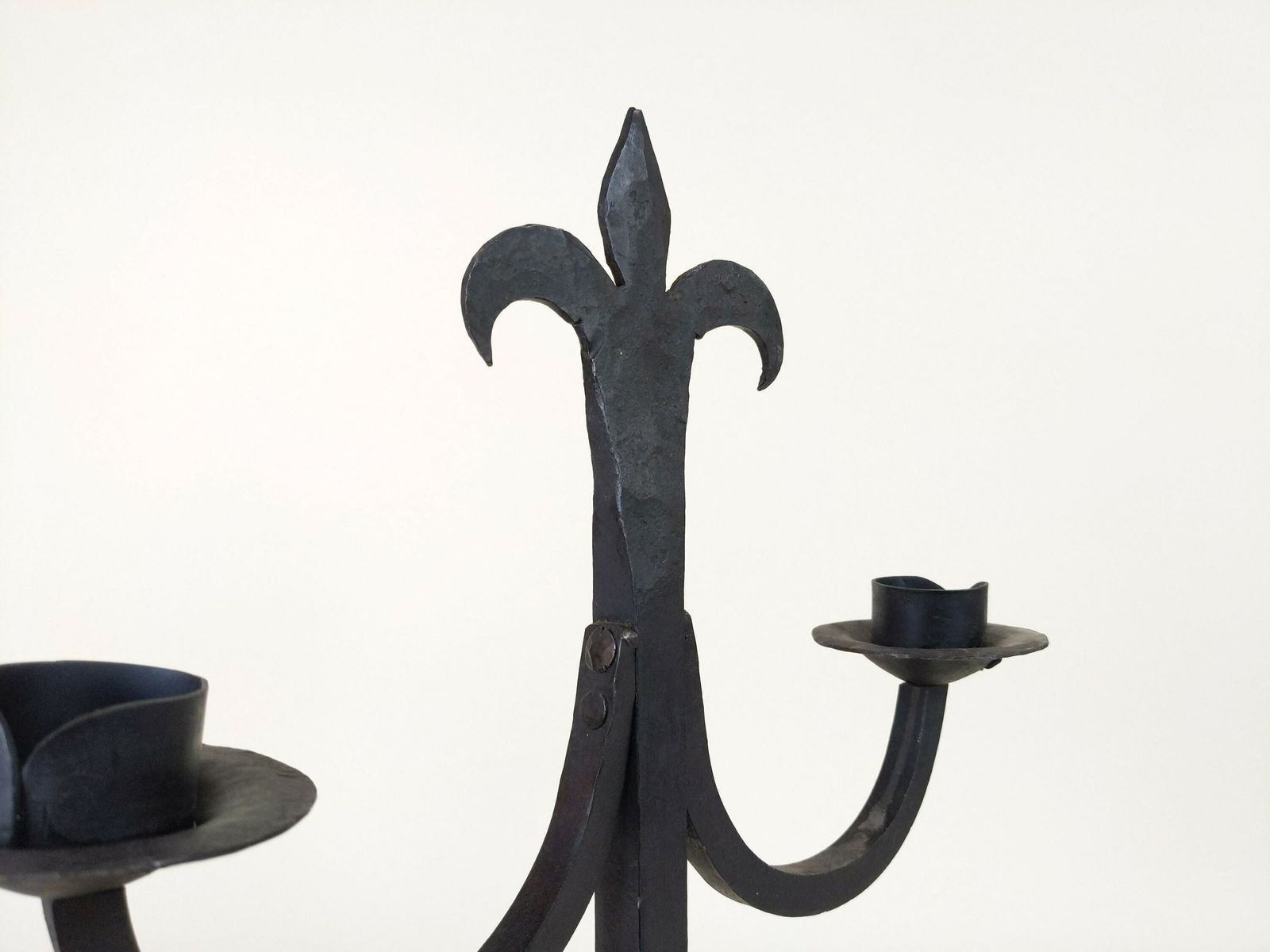 Large French Wrought Iron Hand Forged Iron Candle Holder Chandelier, Large Rustic Fleur De Lys Candlestick From France photo vintage
