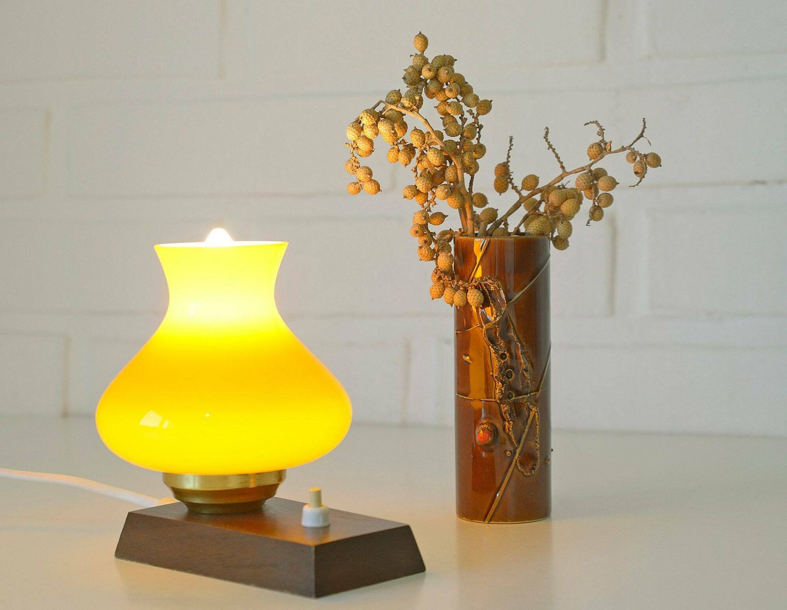 Adorable Vintage Set / Desk Lamp And Vase / Yellow Table Light / Brown Ceramic Flower Vase / Mid Century Modern Set photo for sale