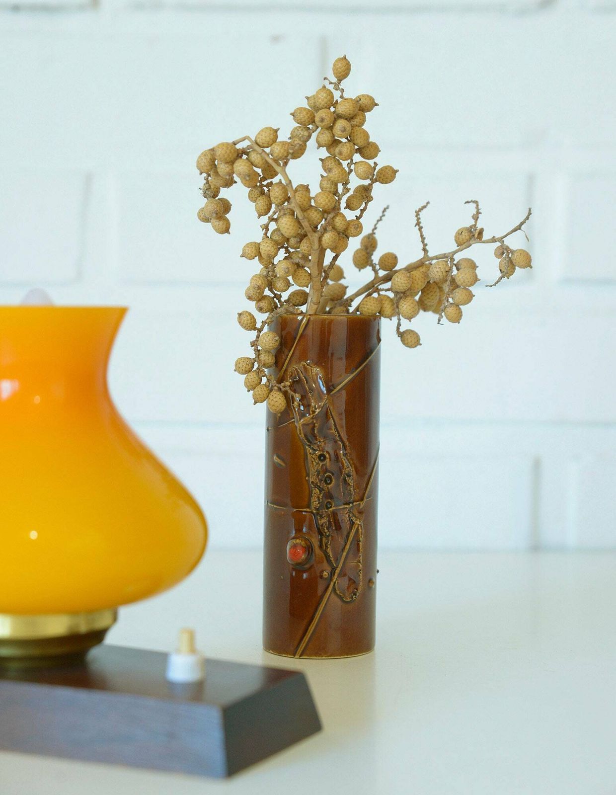 Adorable Vintage Set / Desk Lamp And Vase / Yellow Table Light / Brown Ceramic Flower Vase / Mid Century Modern Set photo Lighting