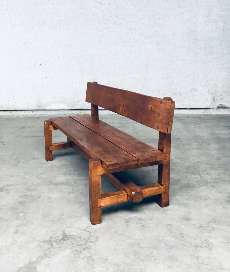 Furniture Brutalist Design Hand Crafted Solid Oak Bench, Belgium 1960's photo
