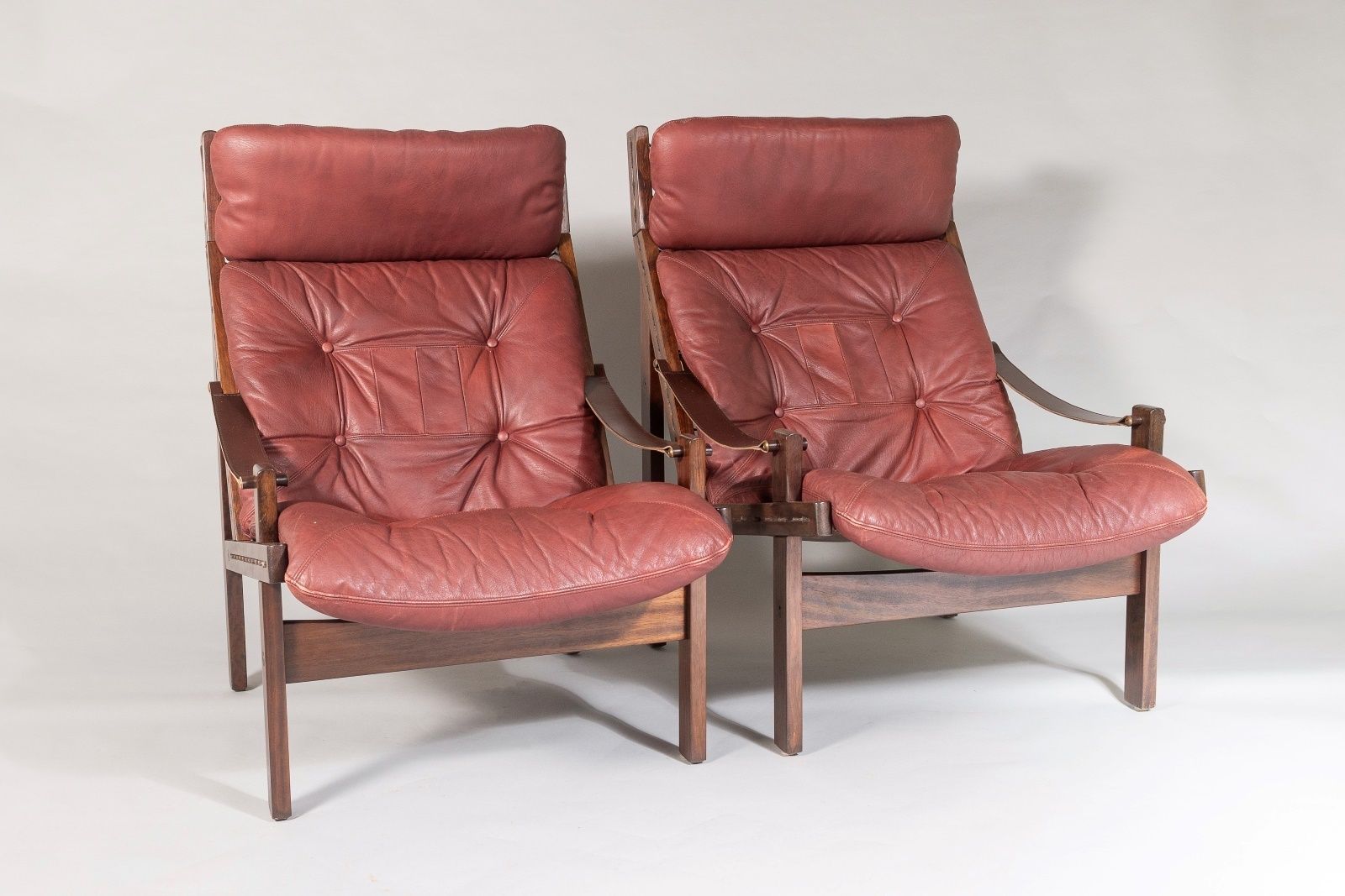 Pair Of Mid Century Torbjørn Afdal Hunter Safari High Back Leather Lounge Chairs photo furniture