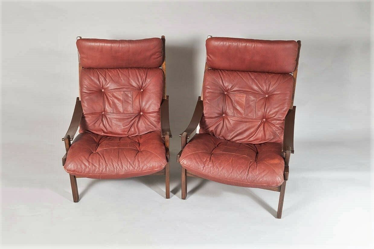 Pair Of Mid Century Torbjørn Afdal Hunter Safari High Back Leather Lounge Chairs photo buy