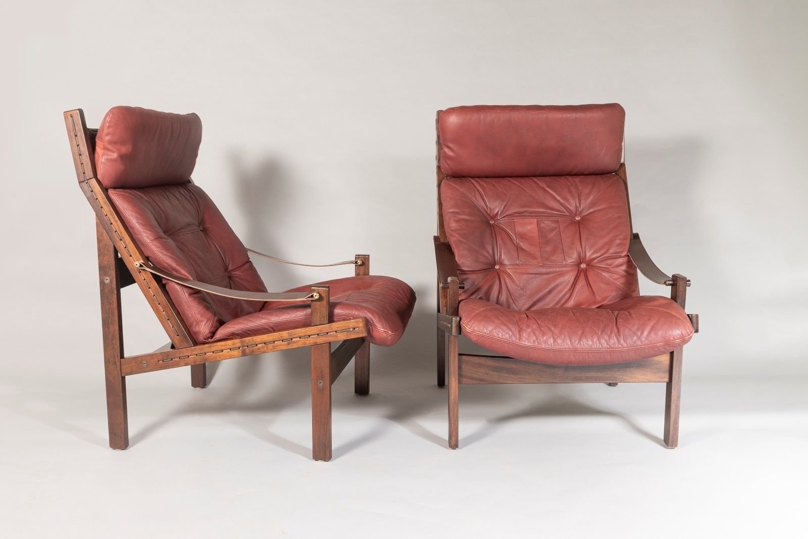 Pair Of Mid Century Torbjørn Afdal Hunter Safari High Back Leather Lounge Chairs photo vintage