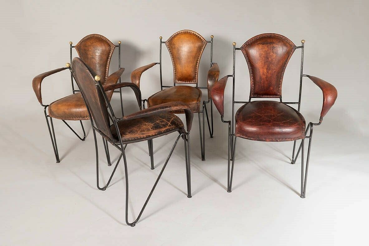 Set Of 4 1950s French Jacques Adnet Iron Frame With Stitched Leather Armchairs photo for sale