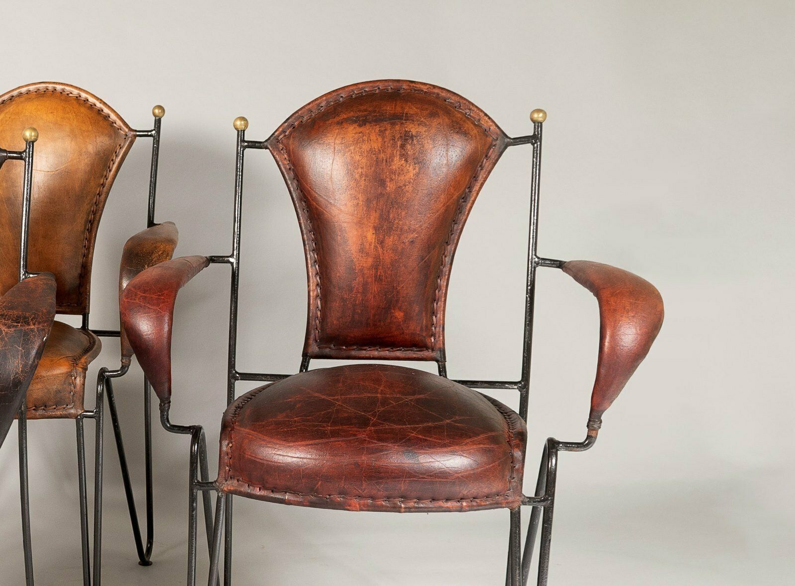 Set Of 4 1950s French Jacques Adnet Iron Frame With Stitched Leather Armchairs photo vinterior