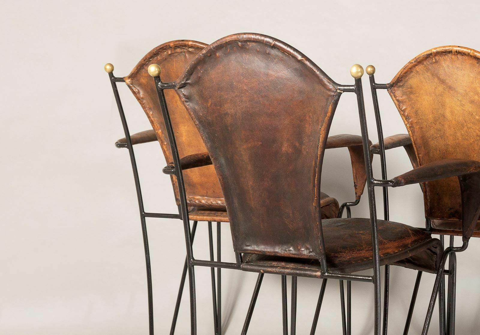 photo vinterior Set Of 4 1950s French Jacques Adnet Iron Frame With Stitched Leather Armchairs