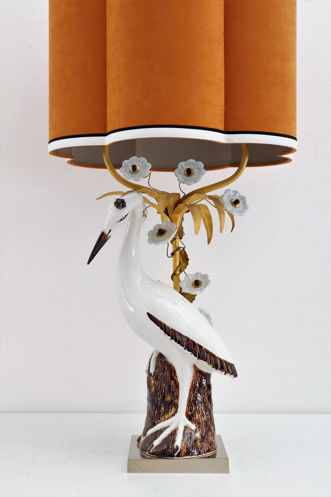 French Table Lamp With Porcelain Crane Or Heron And Flowers, 1970s photo furniture